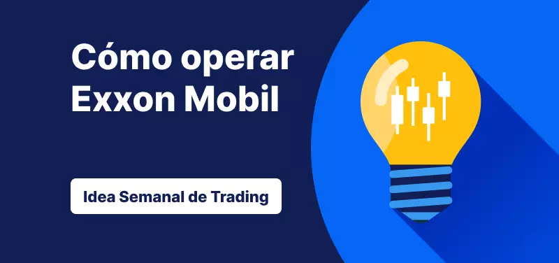 Bombilla con barras de velas en su interior sobre un fondo azul, texto: 'Cómo operar con Exxon Mobil Corp. Idea de trading de la semana'