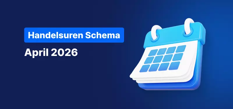 Blauwe achtergrond met een kalender en de tekst: Handelsuren Schema April 2026