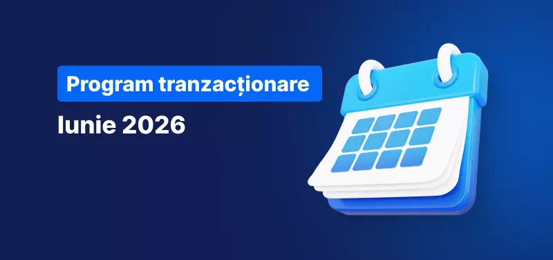 Fundal albastru cu un calendar și textul: Program tranzacționare Iunie 2026.