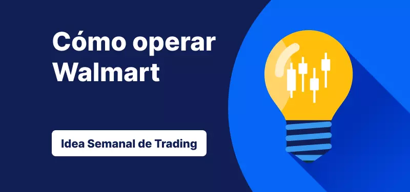 Bombilla con velas japonesas en su interior sobre un fondo azul y el texto «Cómo operar con Walmart: idea de trading de la semana».