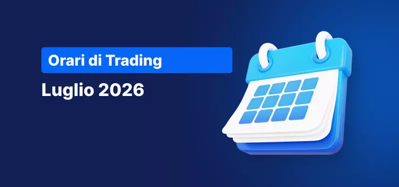 Sfondo blu con un calendario e la scritta: Orari di Trading Luglio 2026.