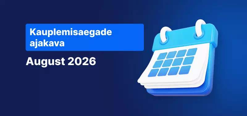 Kalender tekstiga „Kauplemisaegade graafik, august 2026“.