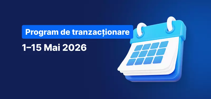 Fundal albastru cu un calendar și textul: Program de tranzacționare, 1–15 Mai 2026".