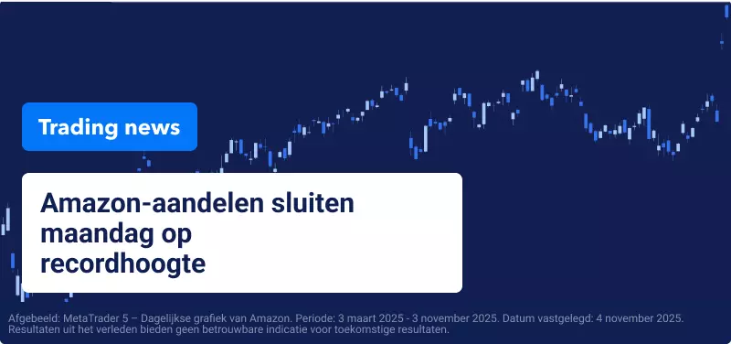 Blauwe achtergrond met een candlestick-handelsgrafiek en de tekst:"Amazon-aandelen sluiten maandag op recordhoogte".