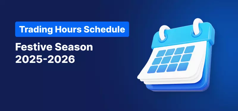 Calendar on a blue background, white text reads "Trading Hours Schedule Festive Season 2025-2026".