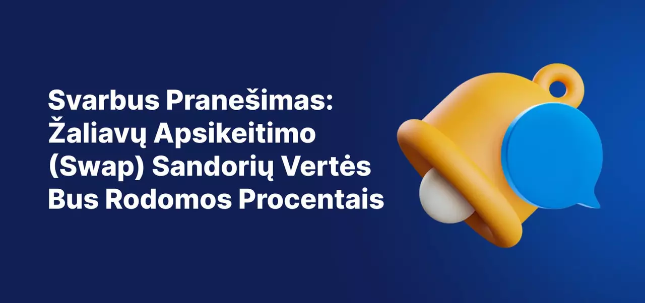Varpelis mėlyname fone, baltas tekstas skelbia: „Svarbus pranešimas: žaliavų perkėlimo palūkanos bus rodomos procentais“.