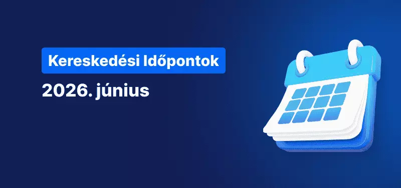 Naptár kék háttérrel, fehér szöveggel: „Kereskedési órák ütemterve – 2026. június”.