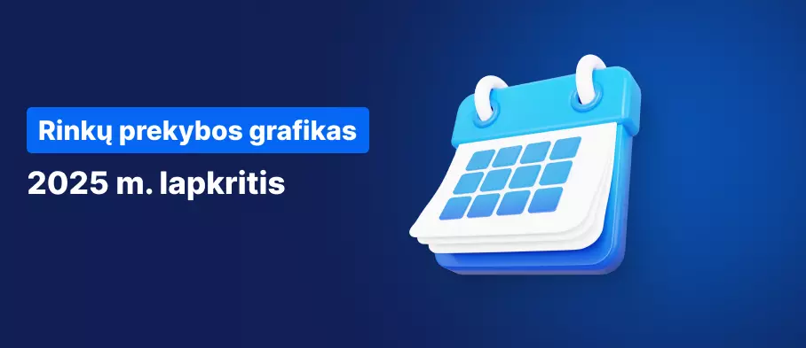 Kalendorius mėlyname fone, baltu tekstu parašyta „Prekybos valandų tvarkaraštis 2025 m. lapkričio mėn.“