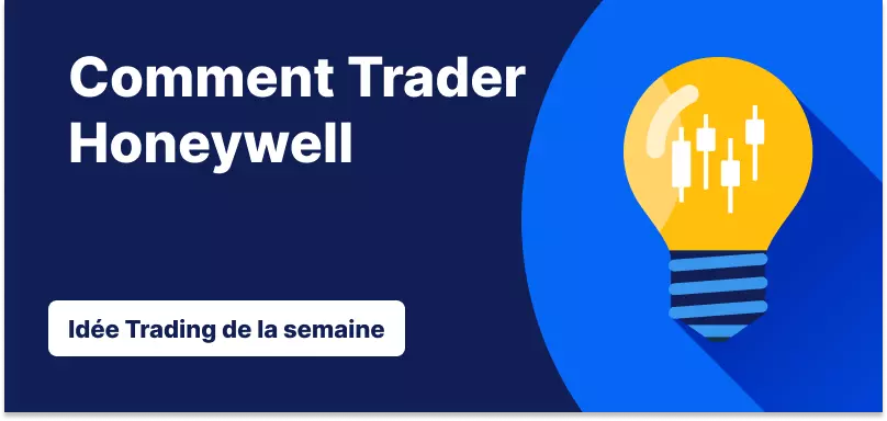 Ampoule avec des chandeliers à l'intérieur sur un fond bleu, texte : 'Comment trader Honeywell. Idée de trading de la semaine'