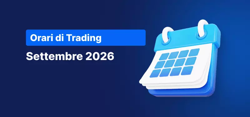Un'icona a forma di calendario con testo bianco sullo sfondo che recita "Programma orari di trading settembre 2026".