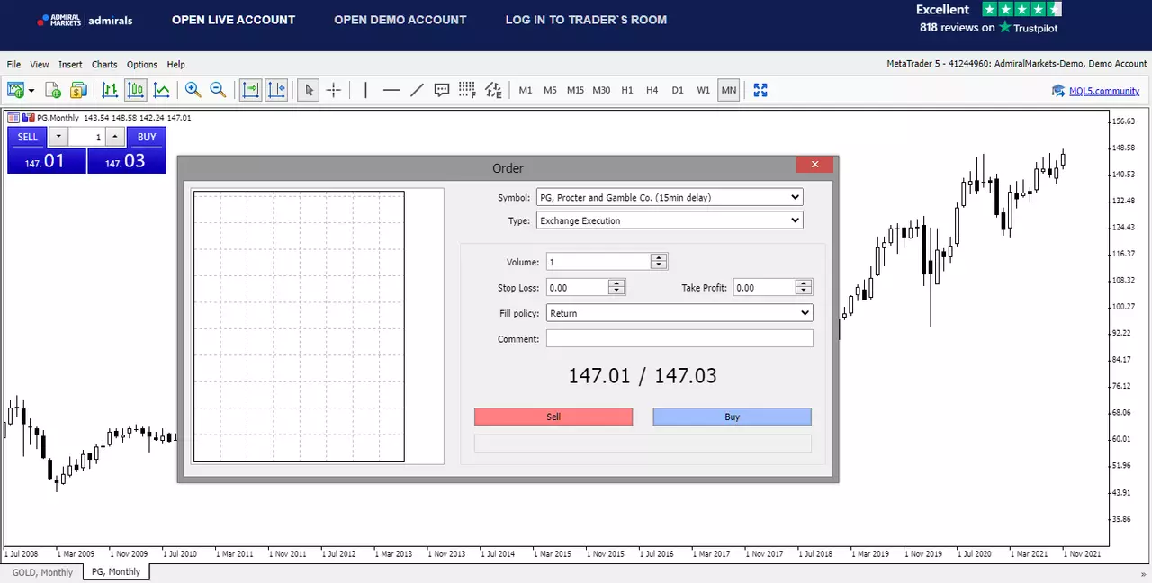 Ticket d'ordre pour une prise de position sur le titre Procter & Gamble via la plateforme de trading d'Admirals