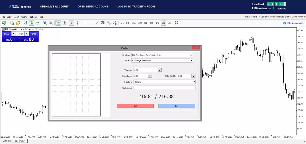 Ticket d'ordre sur la plateforme de trading MetaTrader Web sur le titre Meta