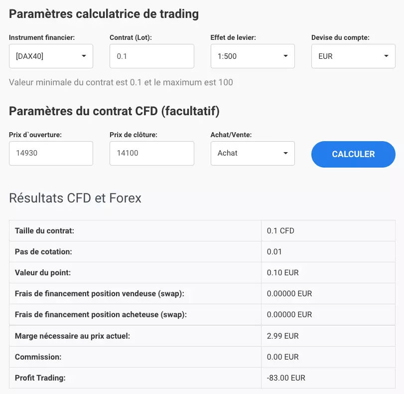Calculateur de trading du site Admirals