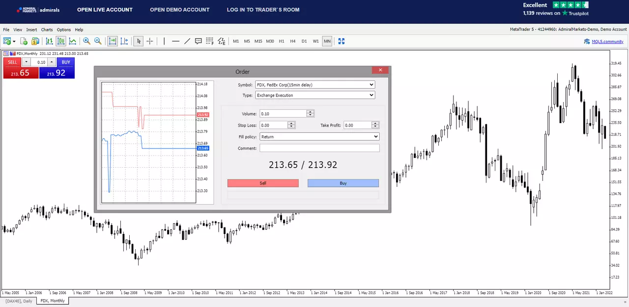 Ticket d'ordre sur la plateforme de trading MetaTrader Web sur le titre FedEx