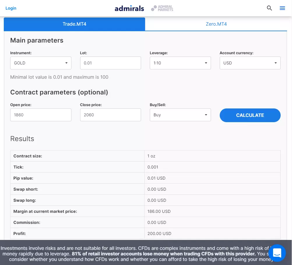 Admirals kereskedési számológép
