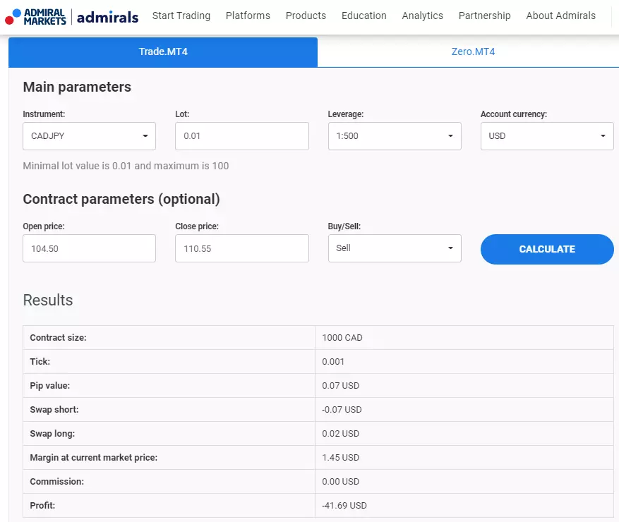 „Admirals“ prekiautojo skaičiuotuvas ir CADJPY sandorio apskaičiavimas