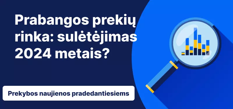 Mėlyname fone lupa ir užrašai: „Prabangos prekių rinka: sulėtėjimas 2024 metais?“ ir „Prekybos naujienos pradedantiesiems““ 
