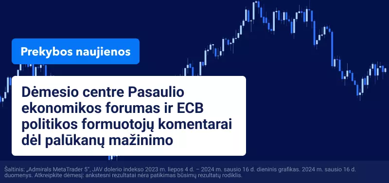 Dėmesio centre Pasaulio ekonomikos forumas ir ECB politikos formuotojų komentarai dėl palūkanų mažinimo 