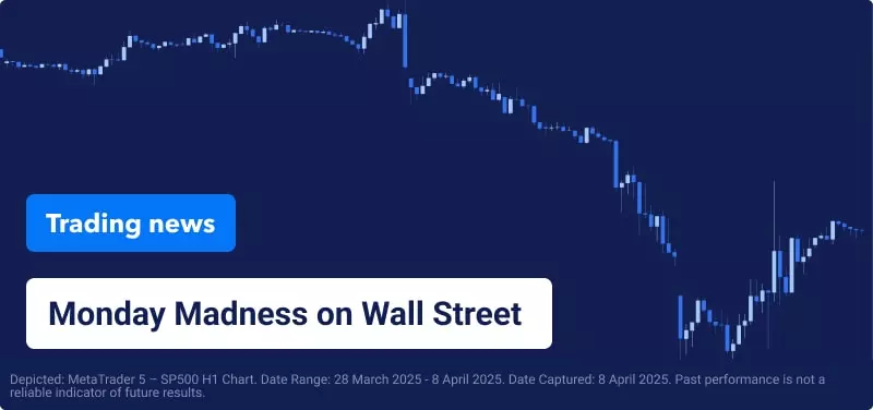 Blue trading chart with text reading "Monday Madness on Wall Street".