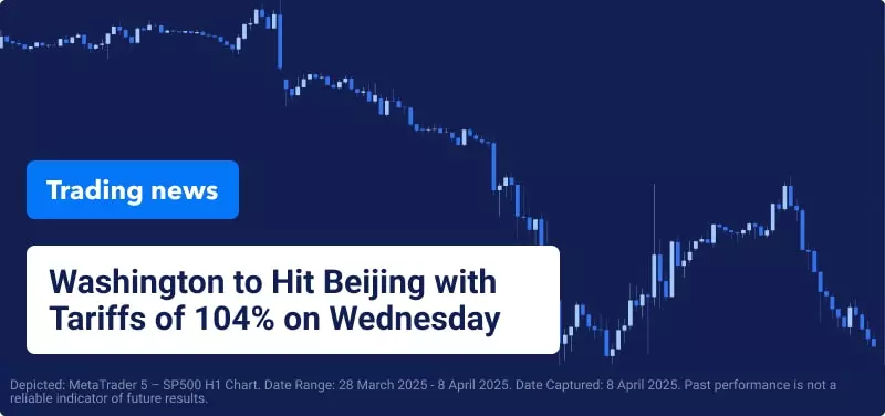 Blue candlestick chart with white text reading: "Washington to Hit Beijing with Tariffs of 104% on Wednesday".