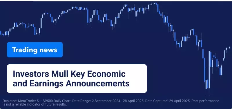 Blue trading chart on a blue background, white text overlaid reads "Investors Mull Key Economic and Earnings Announcements".
