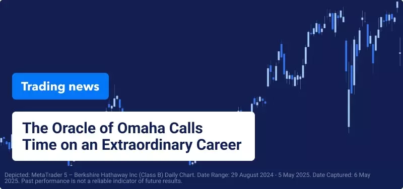 Blue candlestick chart with text overlaid reading: "The Oracle of Omaha Calls Time on an Extraordinary Career".