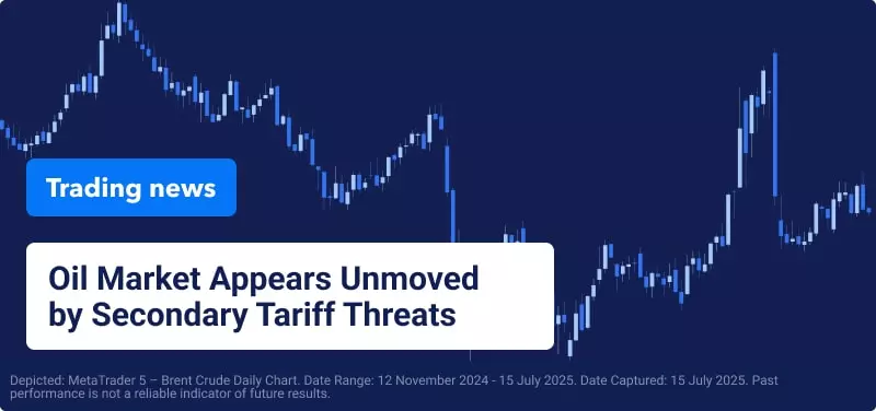 Brent crude chart with text overlaid reading, "Oil Market Appears Unmoved by Secondary Tariff Threats".
