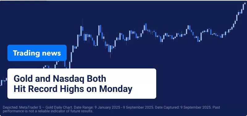 Blue trading chart with text overlaid reading "Gold and Nasdaq Both Hit Record Highs on Monday".