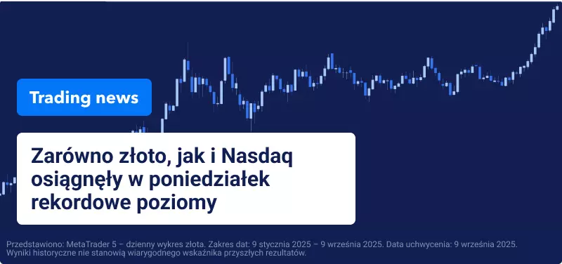 Niebieski wykres transakcyjny z nałożonym tekstem "Złoto i Nasdaq osiągnęły rekordowe szczyty w poniedziałek".