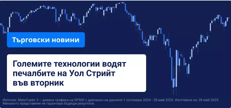 Синя търговска графика с наслагван текст, гласищ „Големите технологични компании водят по печалби на Уолстрийт във вторник“.