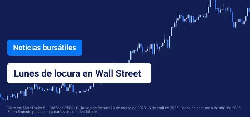 Gráfico de trading azul acompañado del titular: «Lunes de locura en Wall Street».