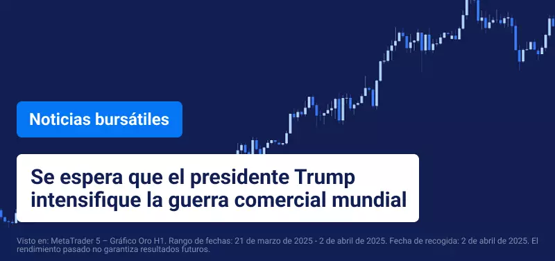Gráfico horario del oro con texto superpuesto que dice: «Se espera que el presidente Trump intensifique la guerra comercial mundial».