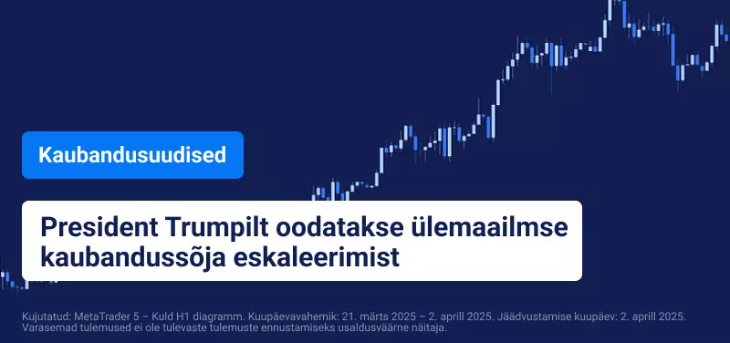 Kuldne tunnigraafik tekstiga "President Trump võib eskaleerida ülemaailmset kaubandussõda".