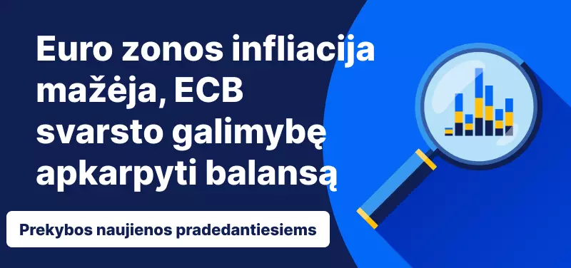Mėlyname fonr lupa ir užrašas „Euro zonos infliacija mažėja, ECB svarsto galimybę apkarpyti balansą“