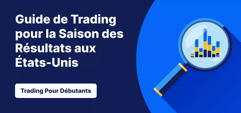 Loupe sur un graphique boursier avec le titre "Guide de Trading pour la Saison des Résultats aux États-Unis
