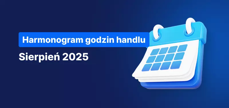 Kalendarz na niebieskim tle, biały tekst: „Harmonogram godzin handlu – sierpień 2025