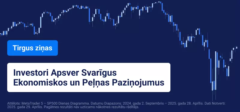 Zils tirdzniecības grafiks uz zila fona, virsū balts teksts, kas skan "Investori Apsver Galvenos Ekonomiskos un Peļņas Paziņojumus".