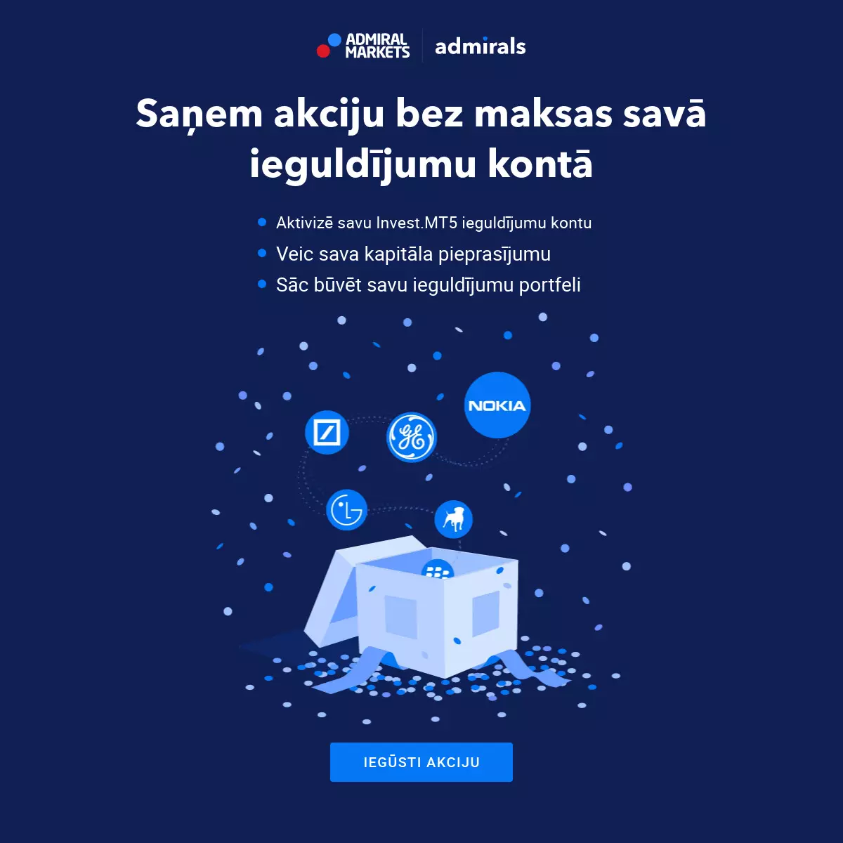 Saņem bezmaksas akcijas no Admirals kā sava ieguldījuma konta starta kapitālu!