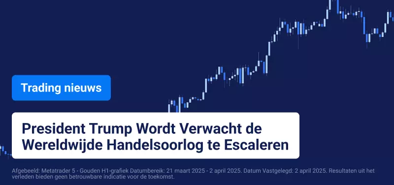 Gouden uurgrafiek met tekst eroverheen die luidt: "President Trump Verwacht de Wereldwijde Handelsoorlog te Escaleren".