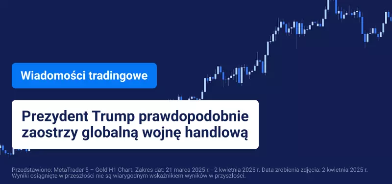 Złoty wykres godzinowy z nałożonym tekstem „Prezydent Trump prawdopodobnie zaostrzy globalną wojnę handlową”.