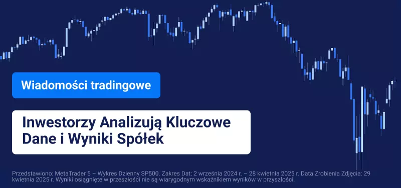 Niebieski wykres giełdowy na niebieskim tle, na którym widnieje biały napis: „Inwestorzy Analizują Kluczowe Dane i Wyniki Spółek”.