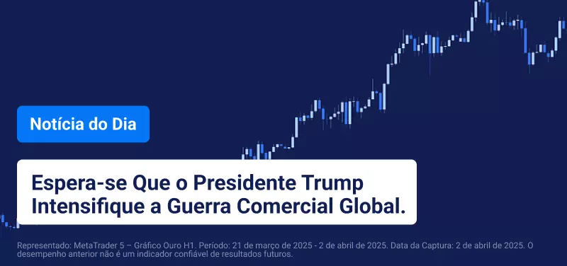 Gráfico horário do Ouro com texto sobreposto a dizer "É Esperado que o Presidente Trump Escale a Guerra Comercial Global".
