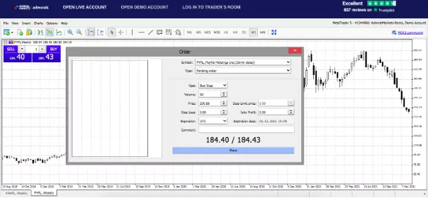 Ticket d'ordre sur l'action PayPal depuis la plateforme MetaTrader 5 Web d'Admirals
