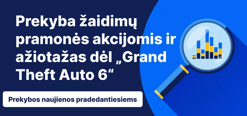 Mėlyname fone lupa ir užrašas „Prekyba žaidimų pramonės akcijomis ir ažiotažas dėl „Grand Theft Auto 6“ “