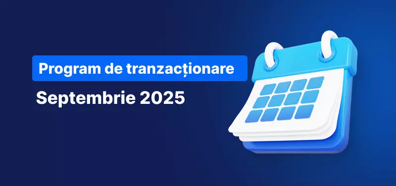 Calendar pe fundal albastru, text alb cu inscripția ”Programul de tranzacționare septembrie 2025”.