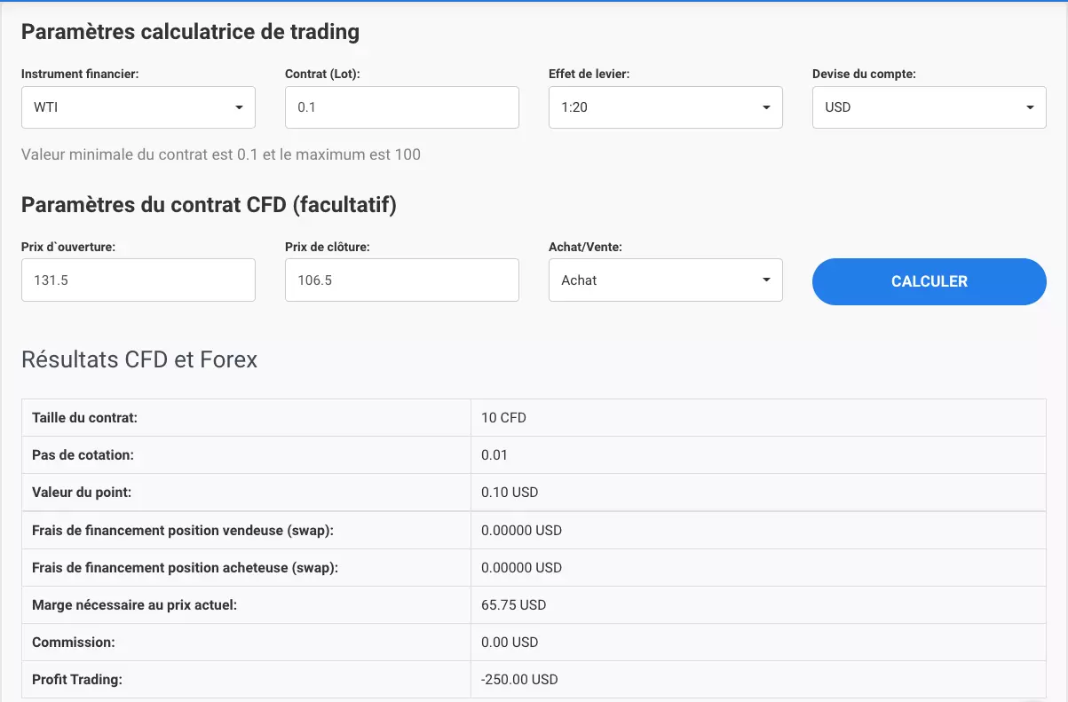 Calculateur de trading du site Admirals