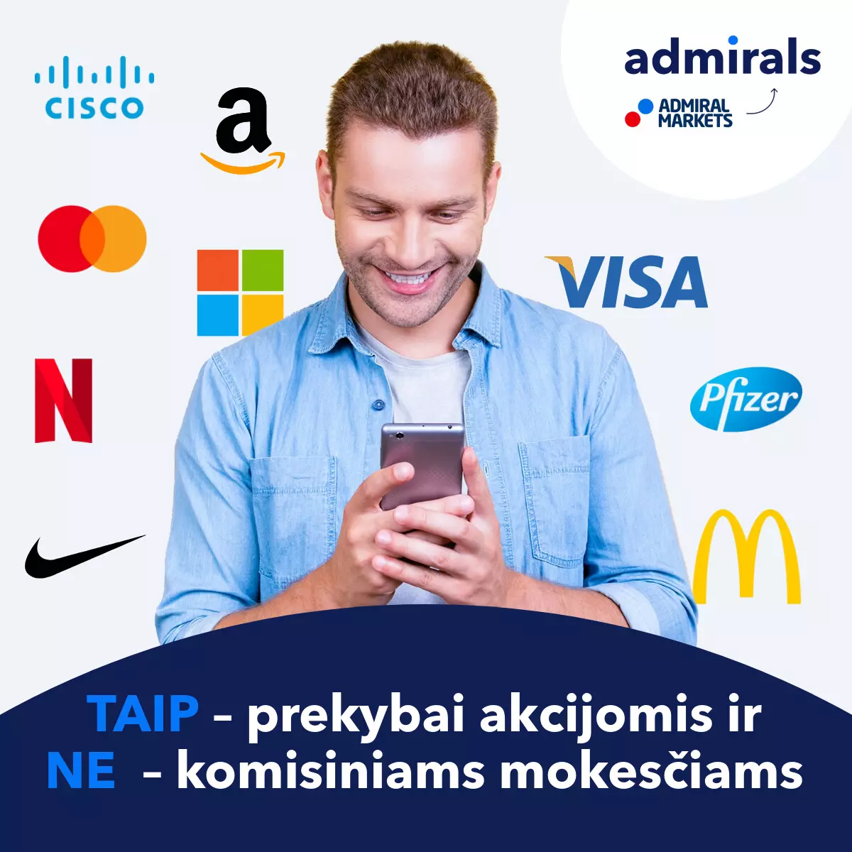 Su „Admirals“ prekiaukite akcijomis be komisinių mokesčių! 