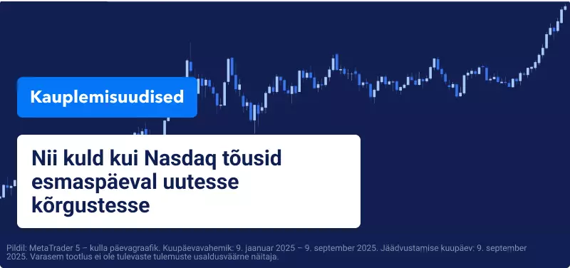 Sinine kauplemisgraafik tekstiga "Kuld ja Nasdaq mõlemad saavutasid esmaspäeval rekordkõrgused".