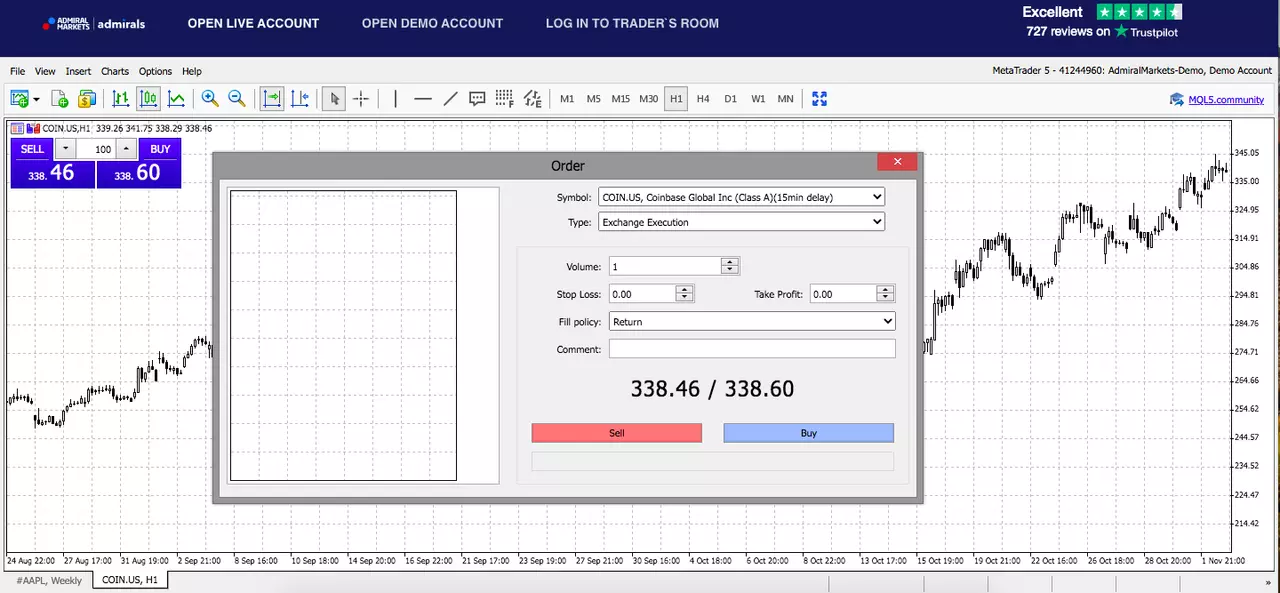 Ticket d'ordre sur Coinbase avec Admirals