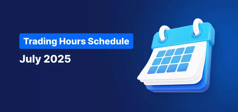 A calendar on a blue background, white text reads "Trading Hours Schedule July 2025".